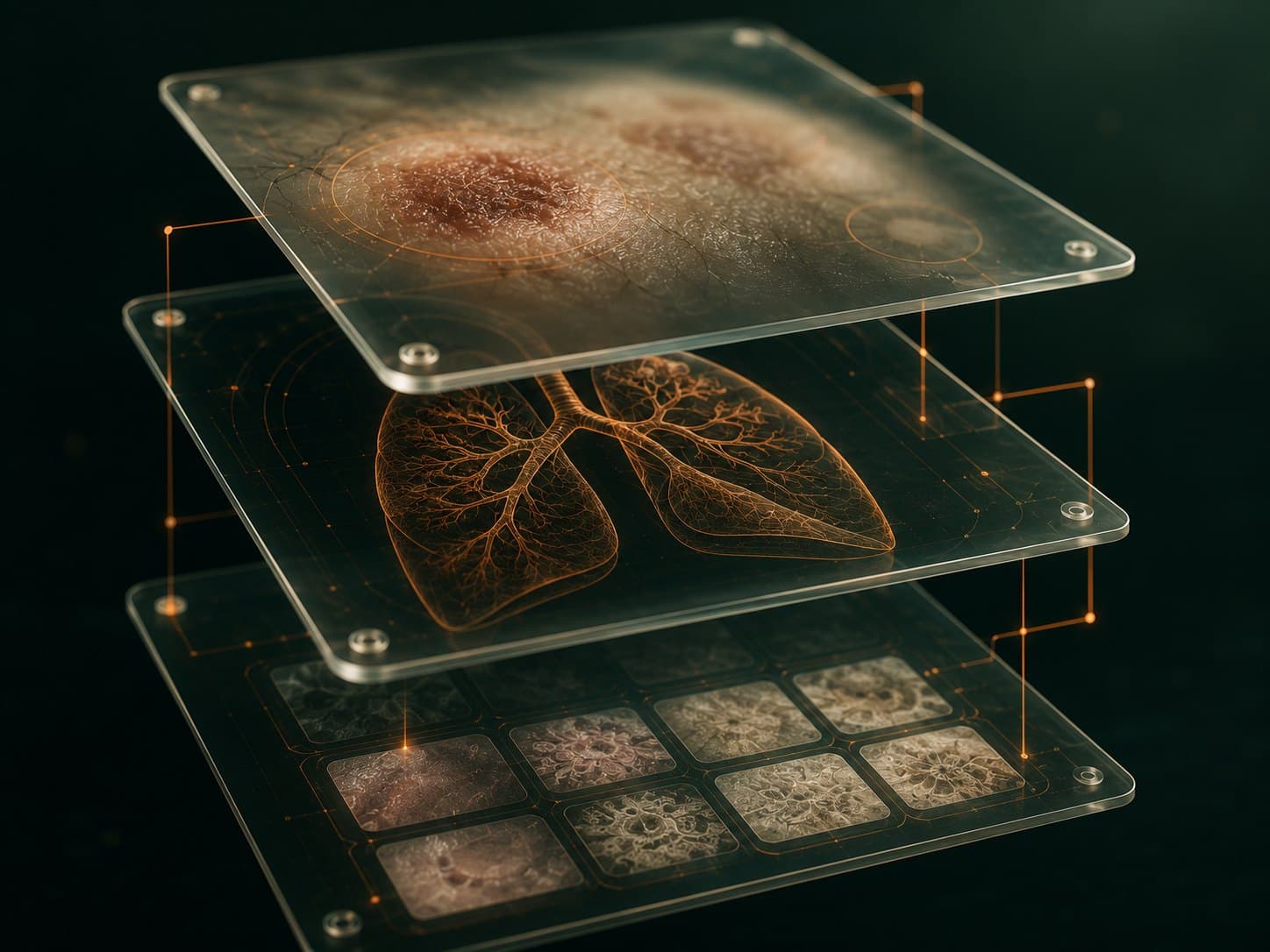 Camadas de vidro do dossiê clínico com lesão, pulmão e miniaturas de patologia