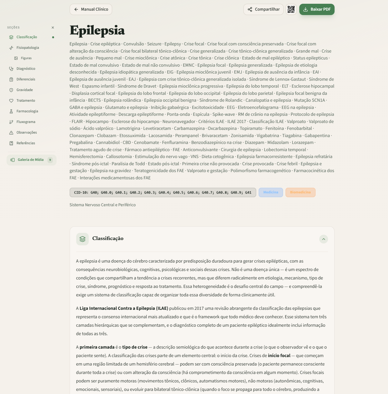 Página da patologia Epilepsia no Manual Clínico